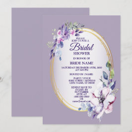 Convite Purple Pink Floral Watercolor Golden Bridal Shower