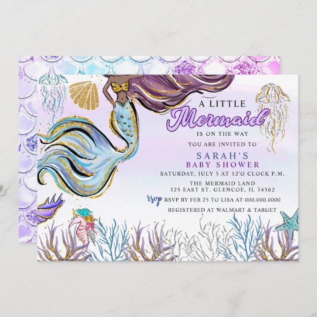 Convite Purple Pink Modern Glitter Mermaid Baby Shower (Frente/Verso)