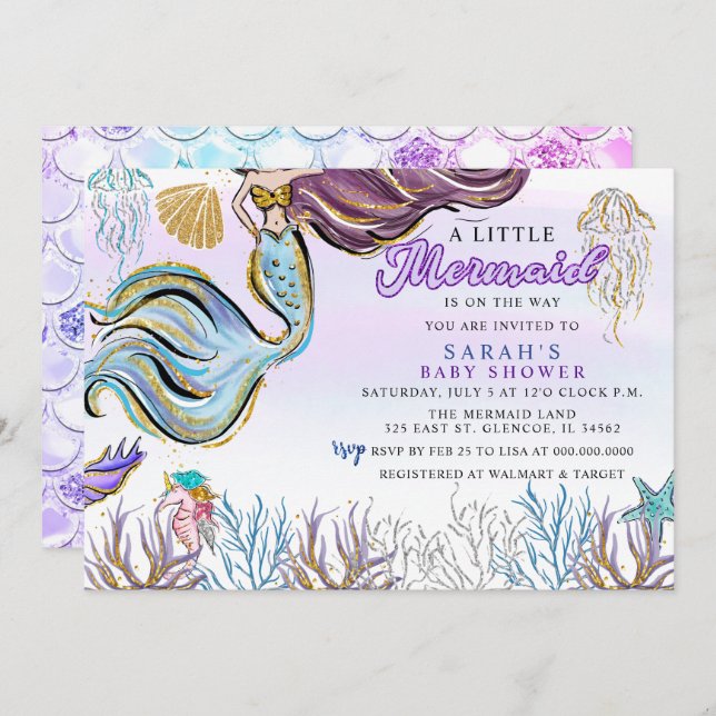 Convite Purple Pink Modern Glitter Mermaid Baby Shower (Frente/Verso)