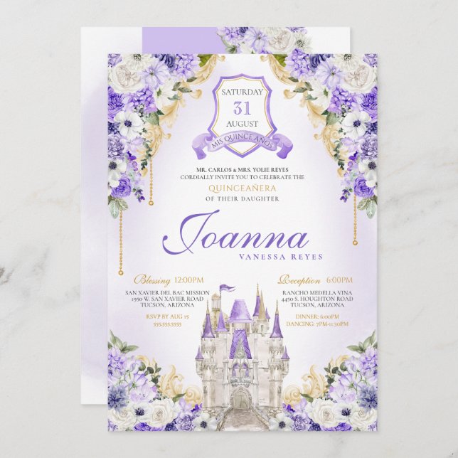 Convite Purple Princess Castle Lavanda Real Quinceanera (Frente/Verso)
