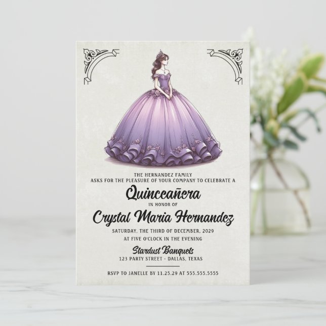 Convite Purple Quinceañera (Em pé/Frente)