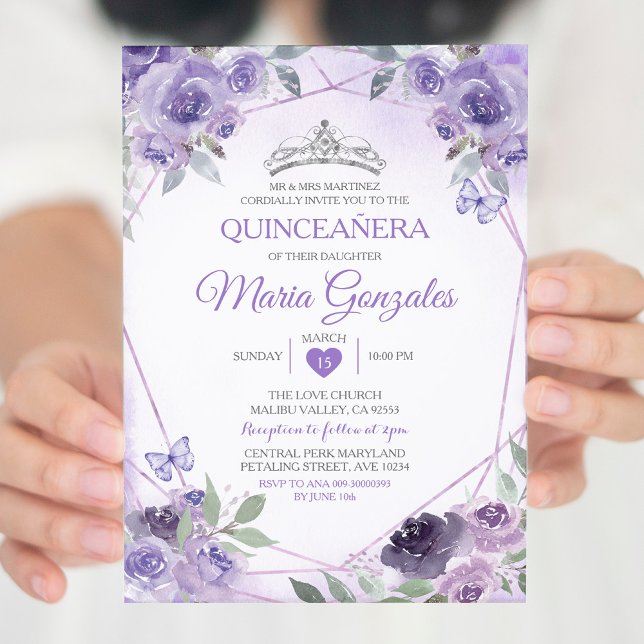 Convite Purple Quinceañera 15 Anos Coroa Borboleta Mexican (Criador carregado)