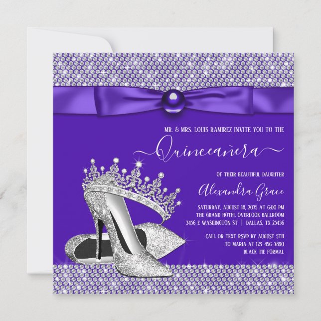 Convite Purple Quinceanera Diamond Tiara Princess (Frente)