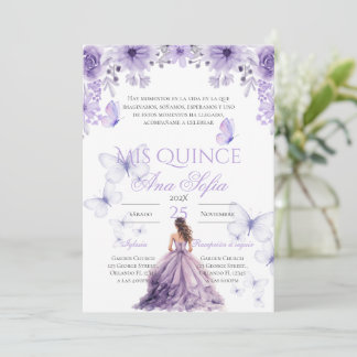 Convite Purple quinceañera invitation with butterfiles