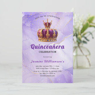 Convite Purple Quinceanera Princess Crown Birthday Party 