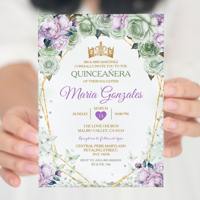 Convite Purple Quinceañera Sage Borboleta Verde Mexicana (Criador carregado)