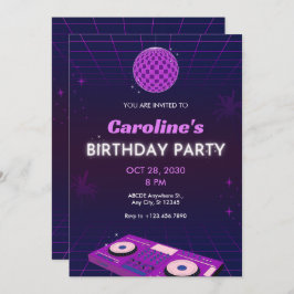 CONVITE PURPLE RETRO NIGHT DJ DISCO BALL BIRTHDAY PARTY