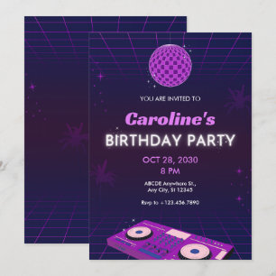 CONVITE PURPLE RETRO NIGHT DJ DISCO BALL BIRTHDAY PARTY