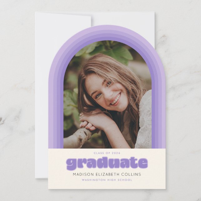 Convite Purple Retro Striped Arch Graduation Announcement (Frente)