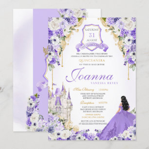 Convite Purple Royal Princess Dourada e Lavanda Quinceaner