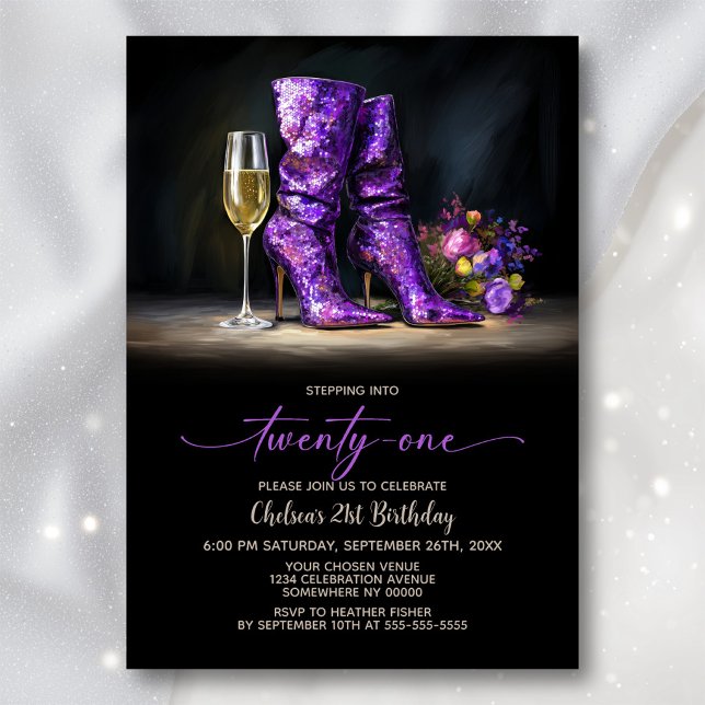 Convite Purple Sequin Boots 21st Birthday Party (Criador carregado)