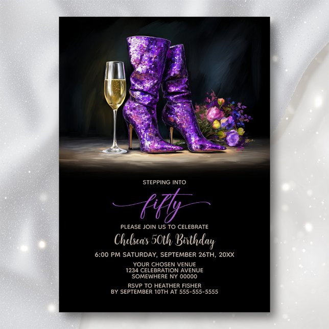 Convite Purple Sequin Boots 50th Birthday Party (Criador carregado)