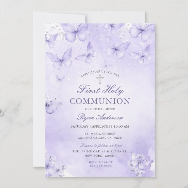 Convite Purple Silver Butterfly First Holy Communion  (Frente)