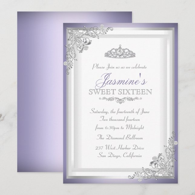 Convite Purple Silver Damask & Tiara Sweet 16 (Frente/Verso)