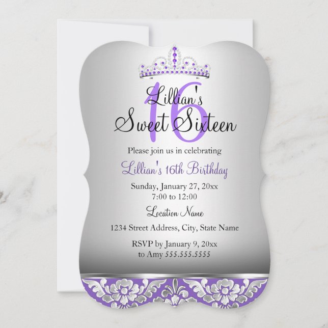 Convite Purple Silver Damask & Tiara Sweet 16 (Frente)