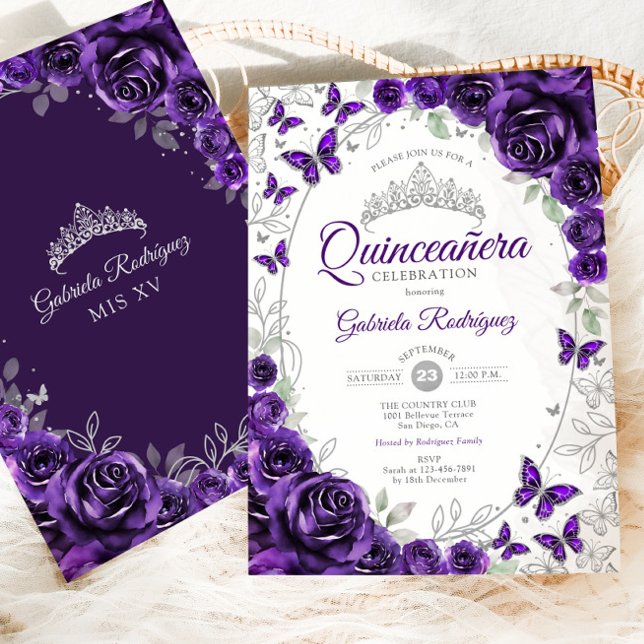 Convite Purple Silver Floral Quinceanera (Criador carregado)