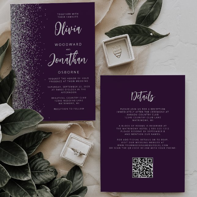 Convite Purple Silver Glitter Calligraphy QR Code Wedding (Criador carregado)