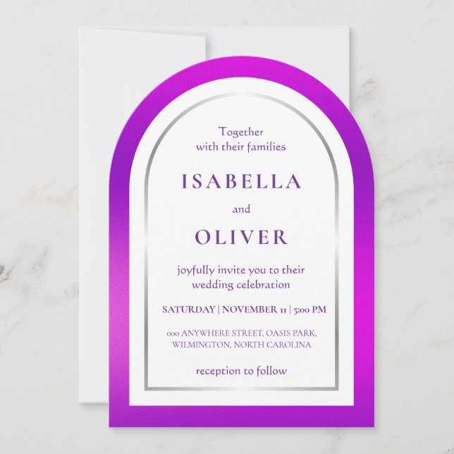 Convite Purple silver gradient frame wedding (Frente)