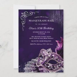Convite Purple Silver Masquerade Elegant Birthday Party