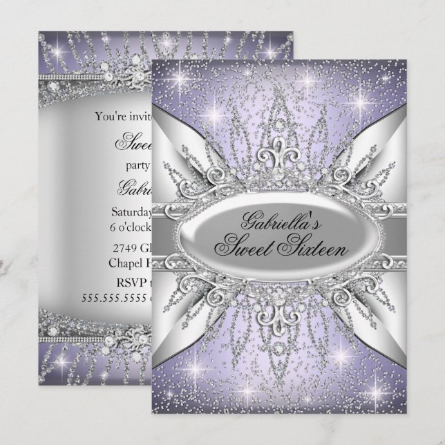 Convite Purple & Silver Sparkle Diamond Sweet 16 (Frente/Verso)