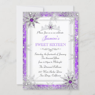 Convite Purple Silver Winter Wonderland Sweet 16 Snowflake