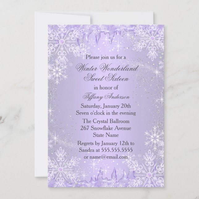 Convite Purple Snowflake Winter Wonderland Sweet 1 (Frente)