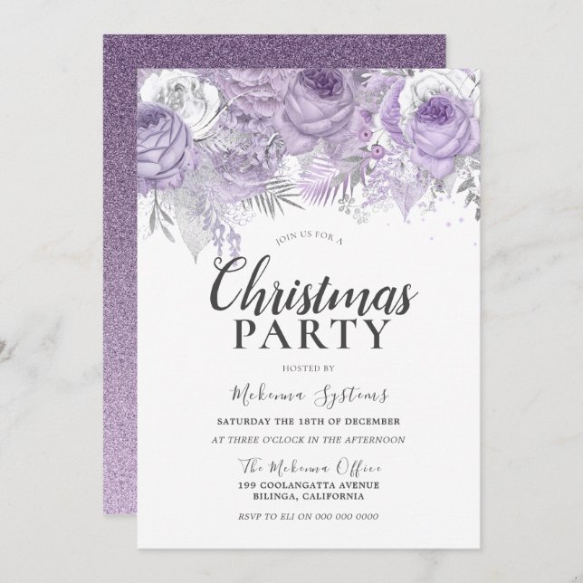 Convite Purple Sparkle Flowers Corporate Christmas Party (Frente/Verso)