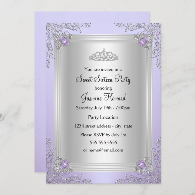 Convite Purple Sparkle Jewel & Tiara Sweet 16 (Frente/Verso)