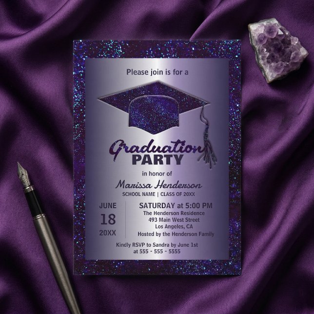 Convite Purple Sparkle Silver Glitter Graduation Party (Criador carregado)
