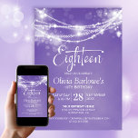 Convite Purple String Lights 18th Festa de aniversário<br><div class="desc">Elevem a celebração do marco do seu convidado de honra com este convite de aniversário roxo 18º. Estipulosamente moderno, ele dá o tom perfeito para uma noite inesquecível. Personalizar os convites é uma brisa, basta preencher os detalhes essenciais usando os modelos de texto fornecidos. Você pode escolher entre vários tipos...</div>