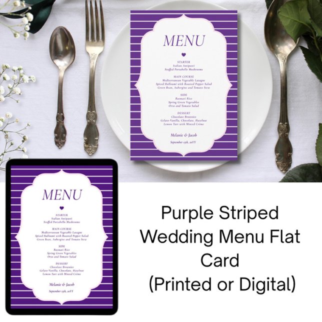Convite Purple Striped Wedding Menu Flat Card (Criador carregado)