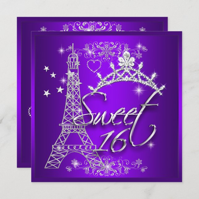 Convite Purple Sweet 16 Sweet XVI Eiffel Tower (Frente/Verso)