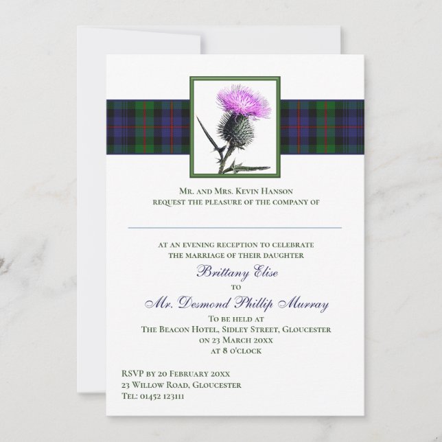 Convite Purple Thistle Murray de Atholl Tartan Wedding (Frente)