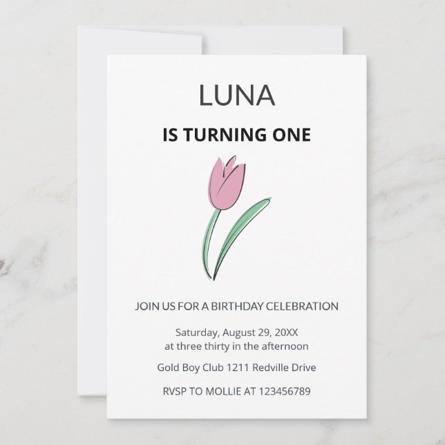 Convite Purple Tulip Floral Girl Kids First Birthday  (Frente)