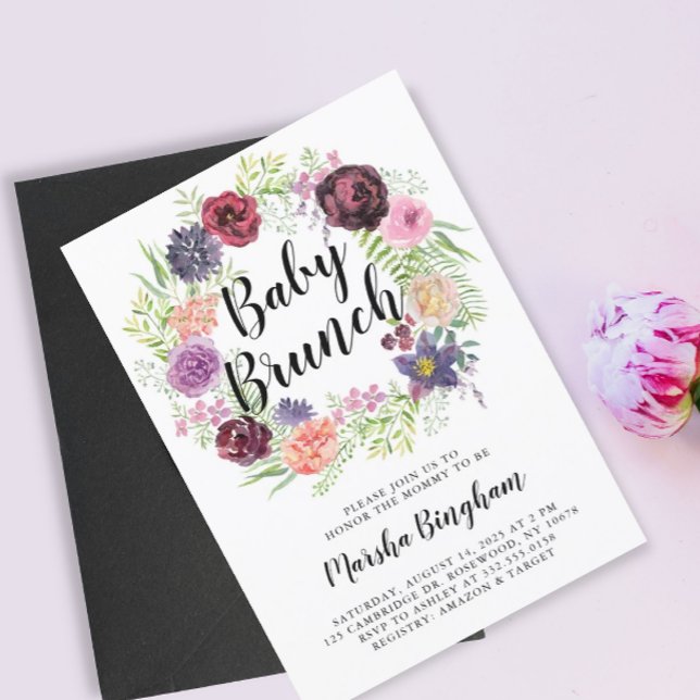 Convite Purple Watercolor Floral Baby Brunch (Criador carregado)