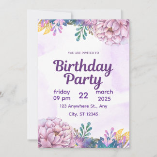 Convite Purple Watercolor Floral Birthday Party Invitation