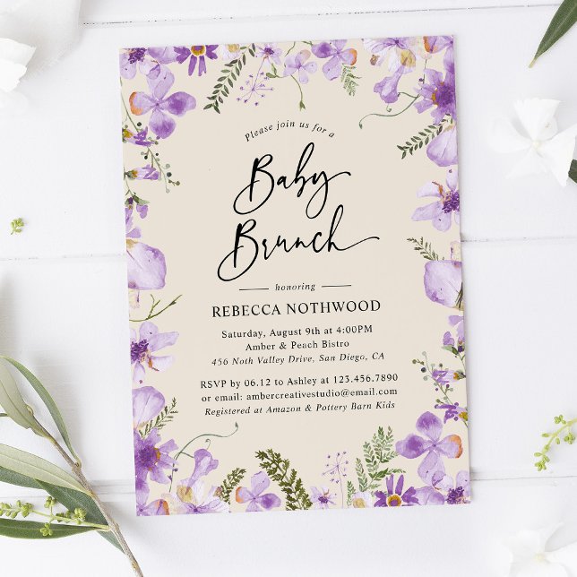 Convite Purple Watercolor Floral Neutral Baby Brunch (Criador carregado)