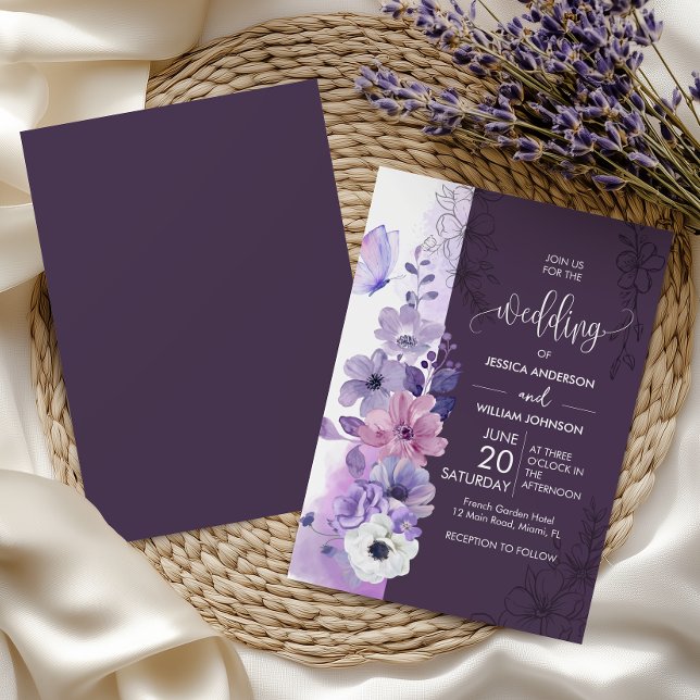 Convite Purple Watercolor Floral Wedding (Criador carregado)