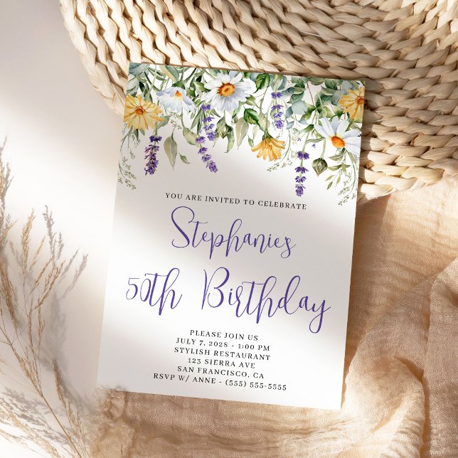 Convite Purple Watercolor Flores Selvagens Aniversário (Lavender purple floral birthday invitation.)