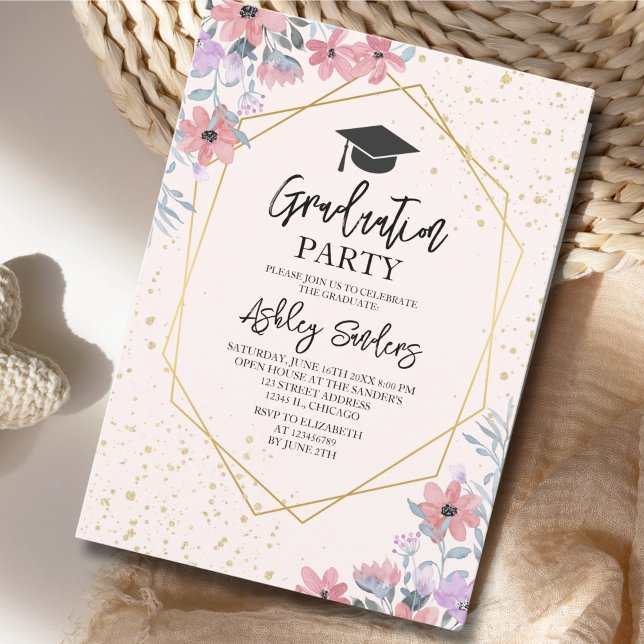 Convite Purple watercolor flowers with gold Glitter (Criador carregado)