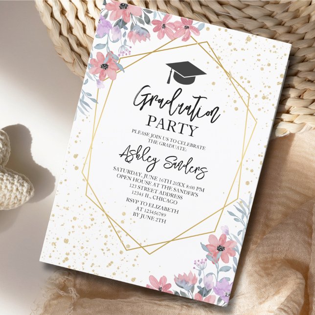 Convite Purple watercolor flowers with gold Glitter (Criador carregado)