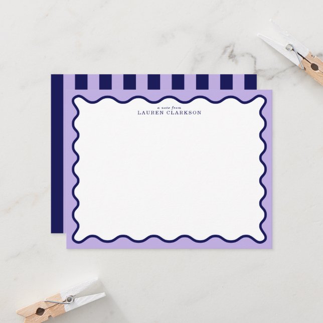 Convite Purple Wavy Frame Note Card with Striped Back (Frente/Verso In Situ)