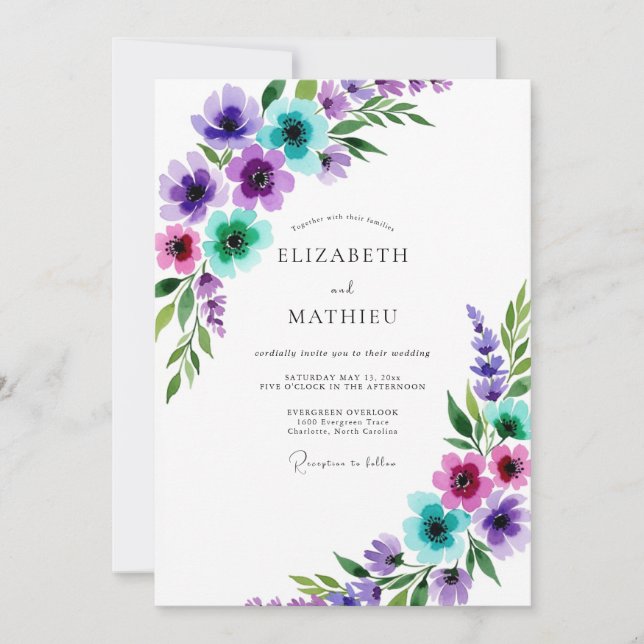 Convite Purple Whimsical Watercolor Spring Wedding (Frente)