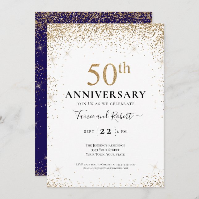 Convite Purple White Gold 50th Wedding Anniversary  (Frente/Verso)