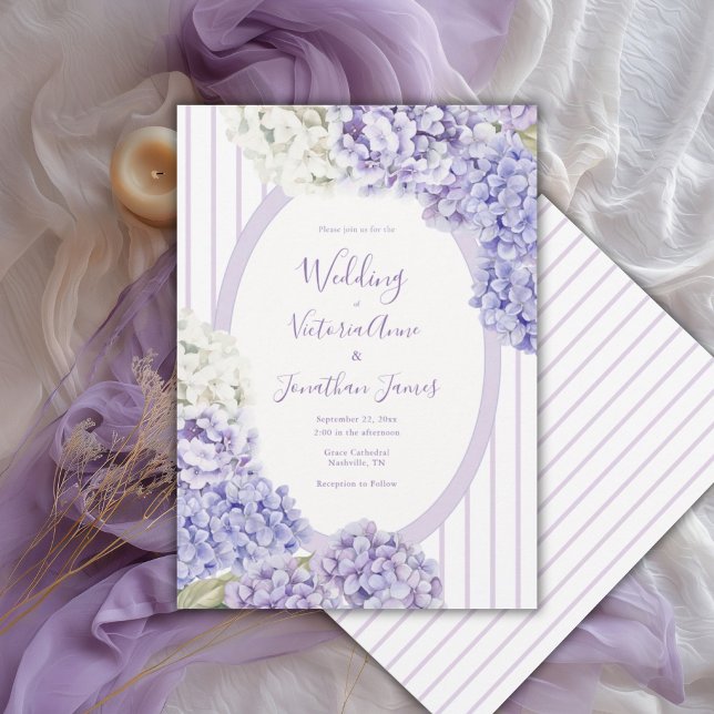 Convite Purple White Hydrangeas Floral Stripe Wedding (Criador carregado)