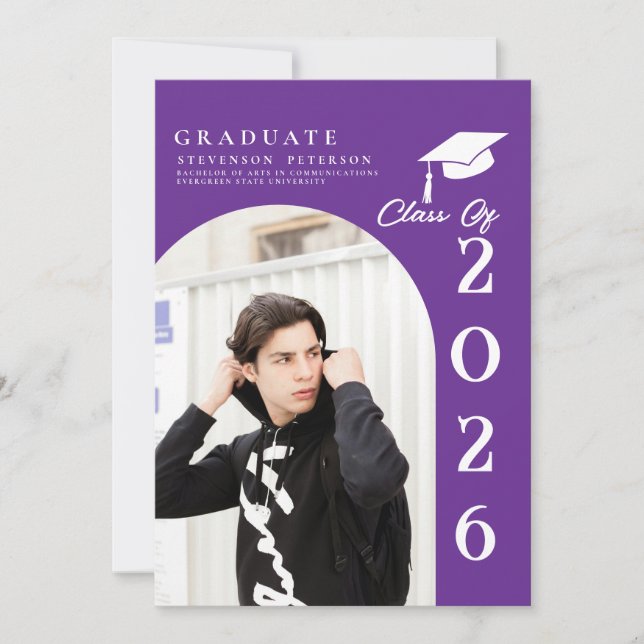 Convite Purple & White Photo Graduation announcement (Frente)