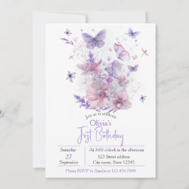 Convite Purple Wildflowers Butterfly Girl's 1st Birthday