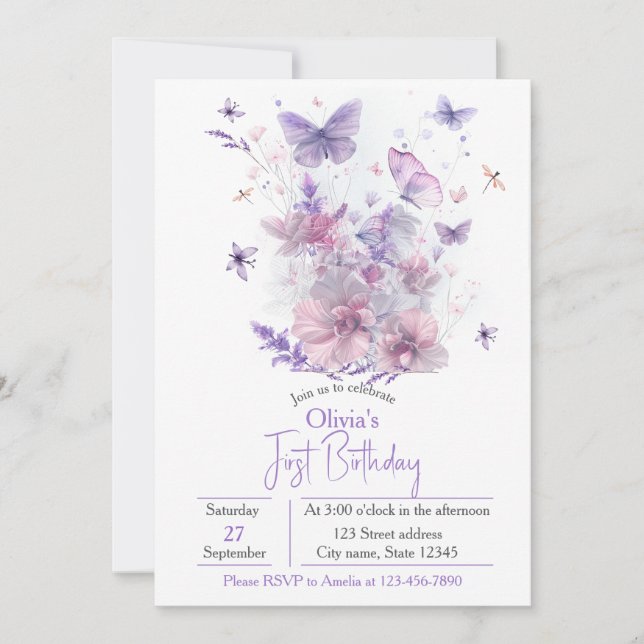 Convite Purple Wildflowers Butterfly Girl's 1st Birthday  (Frente)