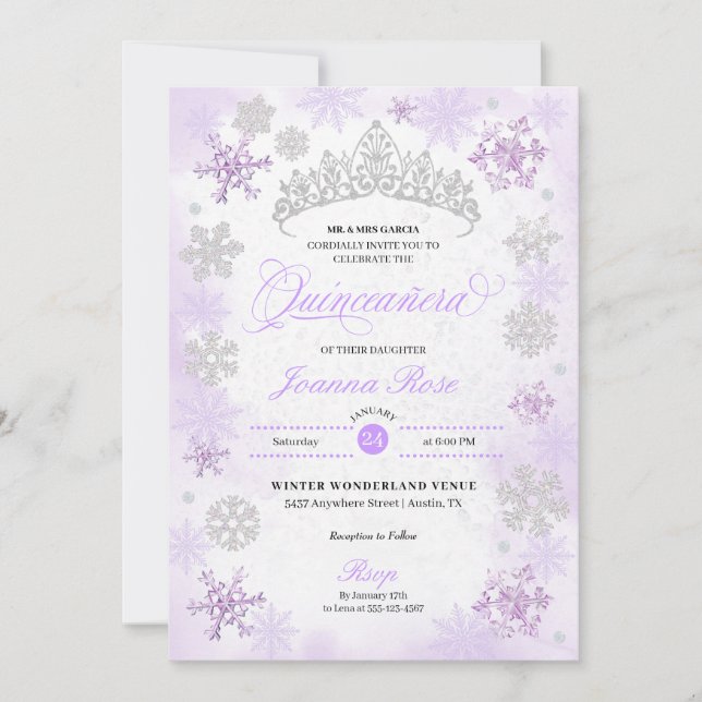Convite Purple Winter Wonderland Snowflake Quinceanera (Frente)