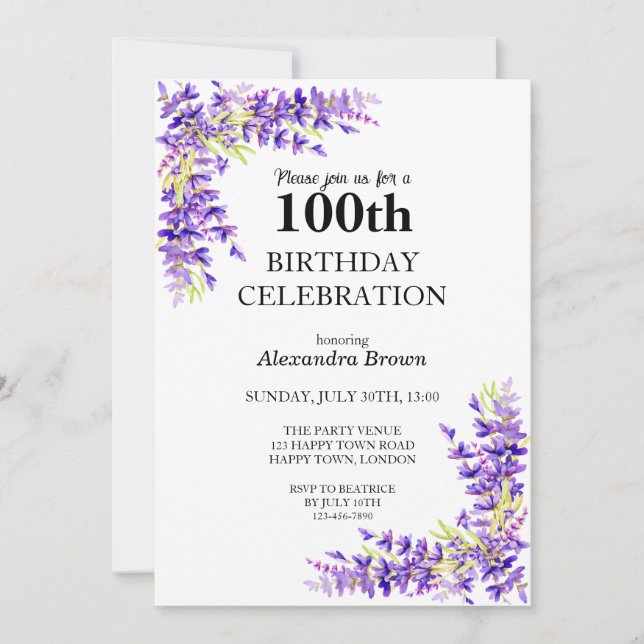 Convite Purple Wisteria 100º aniversário Festa de Foto (Frente)